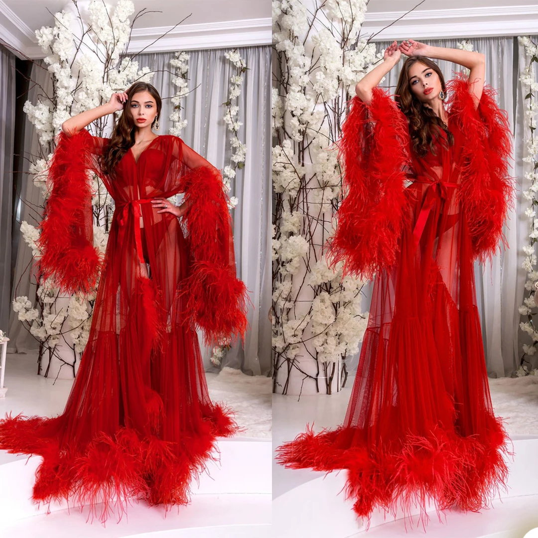 

Elegant Women Night Gown Custom Made Long Feather Sleeve V Neck Robe With Belt For Photo Bath Wear Pajamas