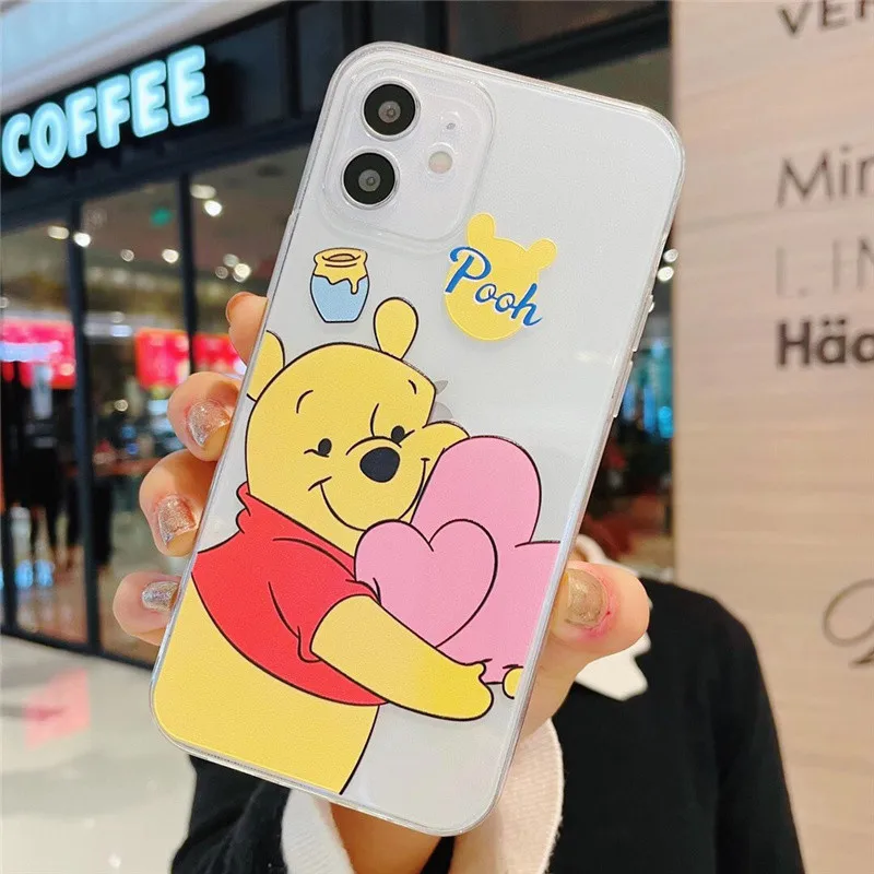 Capa de telefone preta de silicone da Disney Winnie The Pooh Stitch, capa para Apple iPhone 12 Mini 11 Pro XS MAX XR X 8 7 6S 6 Plus 5S SE