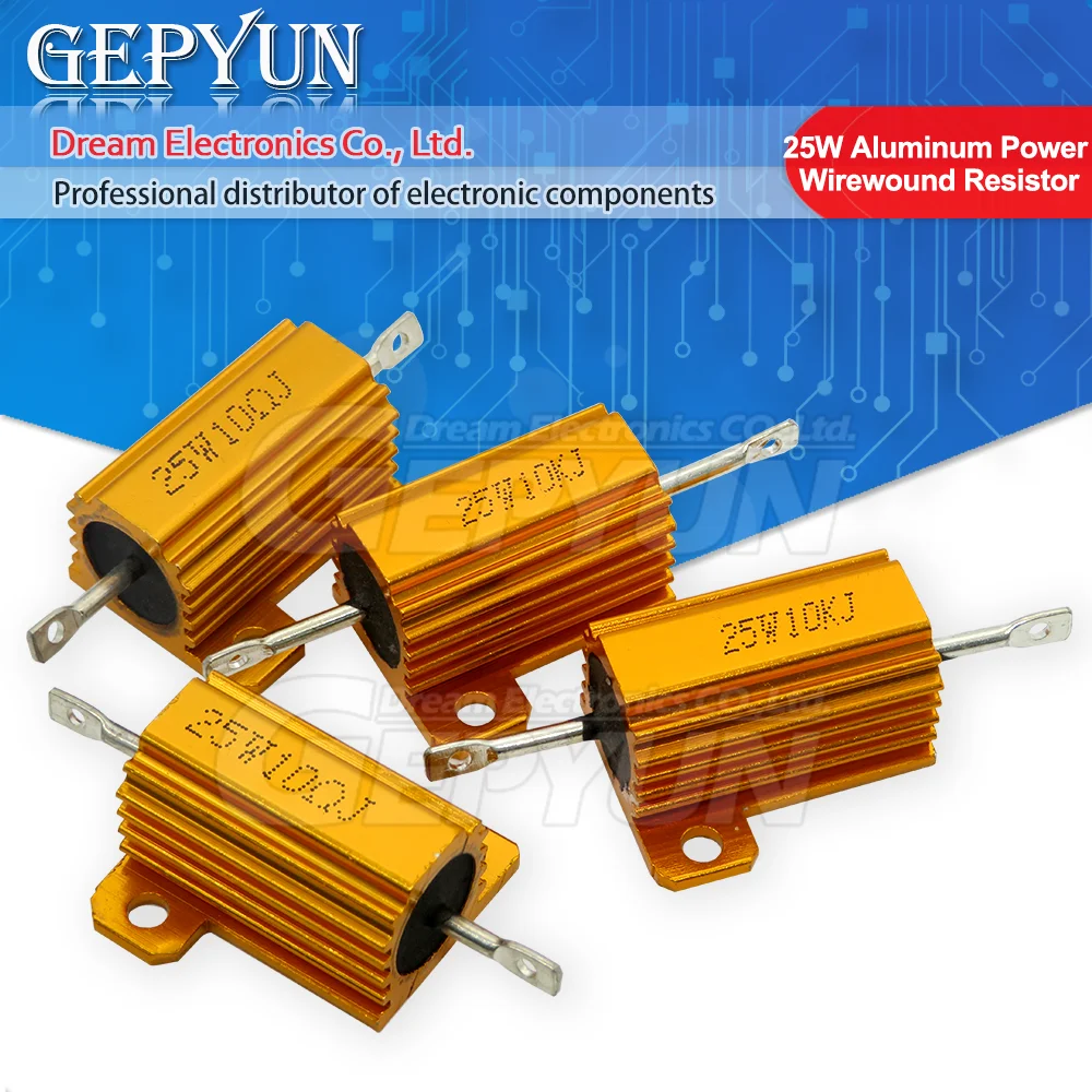 1pcs 25W Aluminum Power Metal Shell Case Wirewound Resistor 0.5 1 2 3 5 6 8 10 20 100 150 200 300 500 680ohm 0.1 ~ 10K