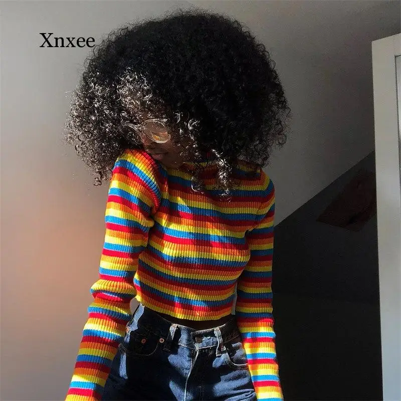 Fashion Rainbow Stripe Longsleeve Knitting Top Women\'s Spring Sweater Female Sweater Ladies High Collar Short Corp Tops Shirts