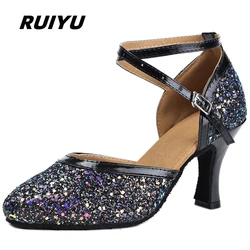 Ruiyu-女性用スパンコールシューズ,大人用ダンスシューズ,ソフトタンゴサルサ,スポーツ,ダンス,ファッショナブル,黒と白