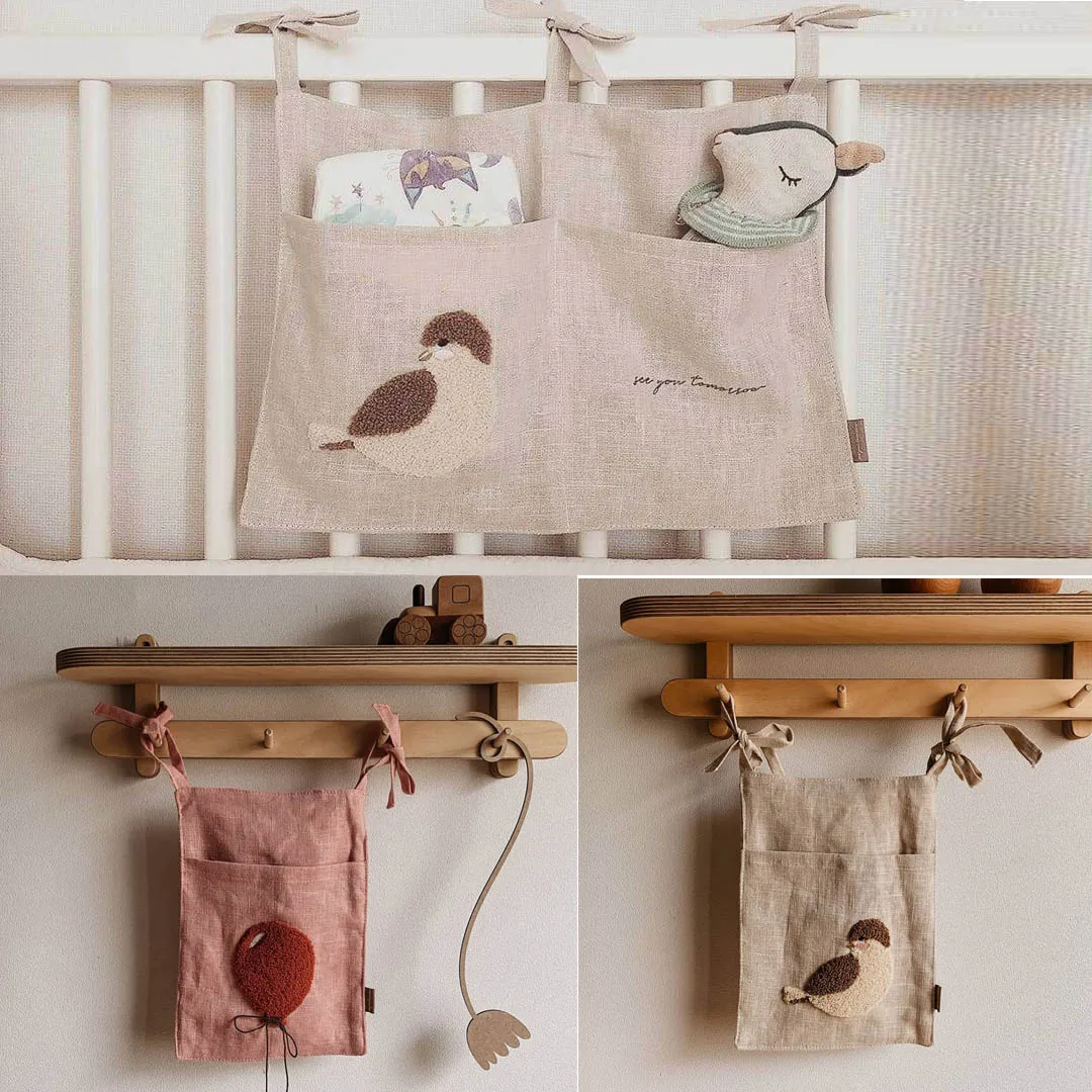 Bedside Storage Bag Embroidery Bird linen Baby Crib Organizer Hanging Bag for Baby Essentials Bed Hanging Diaper Toy Tissue