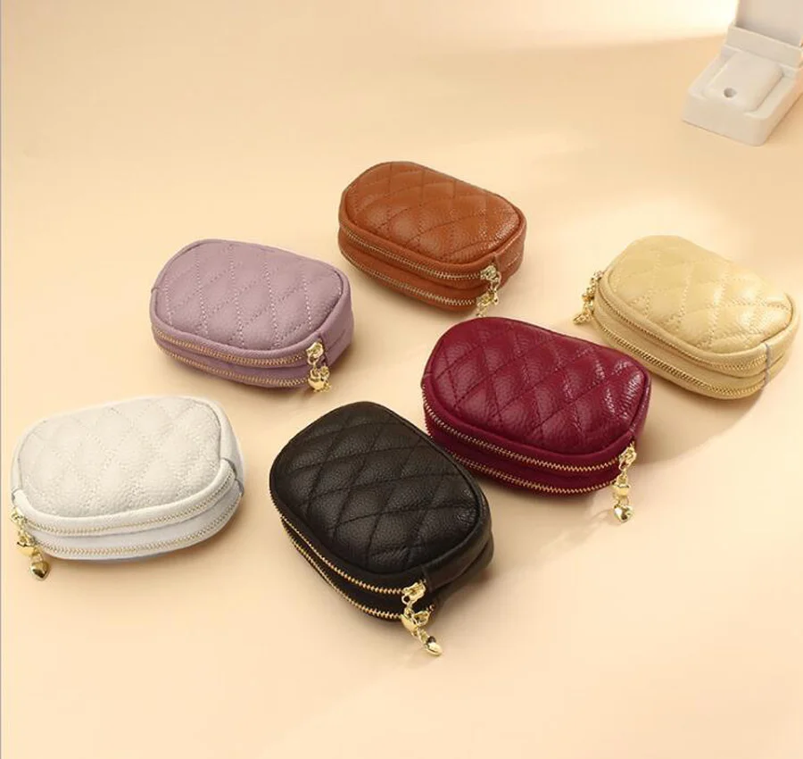 

DHL50pcs Coin Purses Women PU Grid Prints Ellipse Shaped Double Zipper Short Min Wallet