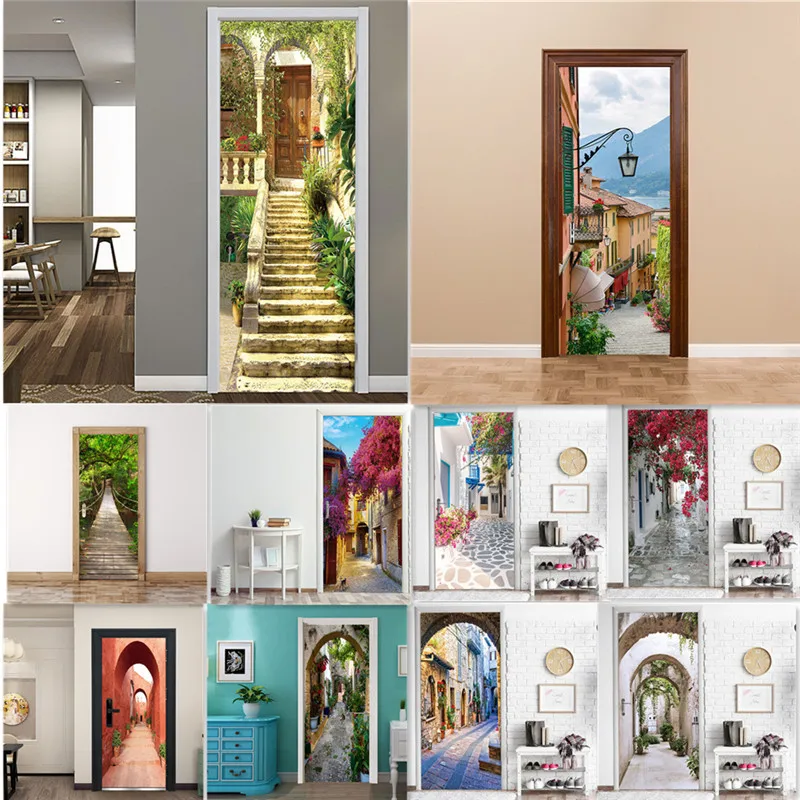 3D Street Scenery Sticker On The Door Home Decoration Self-adhesive PVC Wallpaper Road Lane Decal Alley deursticker Porch Poster