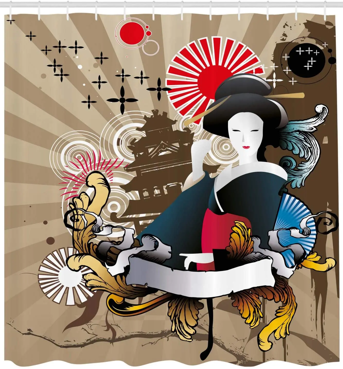 

Japanese Art with Traditional Geisha Woman Style Cultural Graphic Art Print Cloth Fabric Bathroom Decor