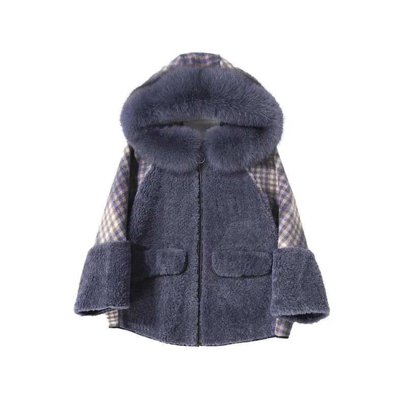 

Women Winter Coat Fashion Plaid Plus Size Wool Blend Blue Short Coat 3XL Vintage Hooded Fur Collar Streetwear Coats QQ087