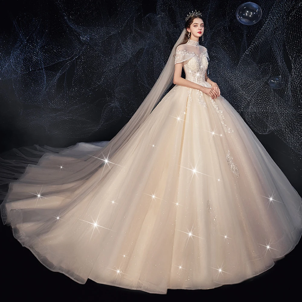 Customized Vestido De Novia High Neck Ball Gown Wedding Dresses Beading Appliques Princess Gelinlik Lace Up Back Trouwjurk