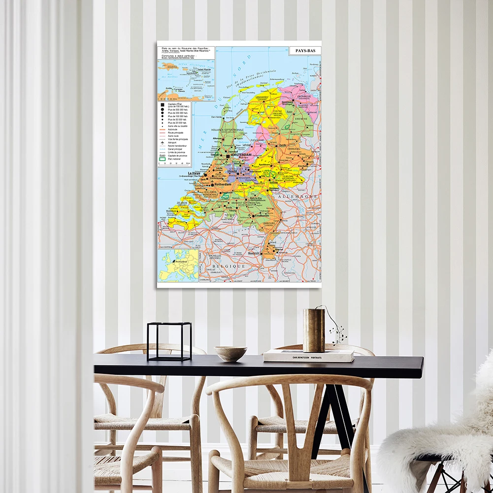 150*100cm In French The Netherlands s Political Map with Traffic Route Wall Poster Canvas Painting School Supplies Home Decor