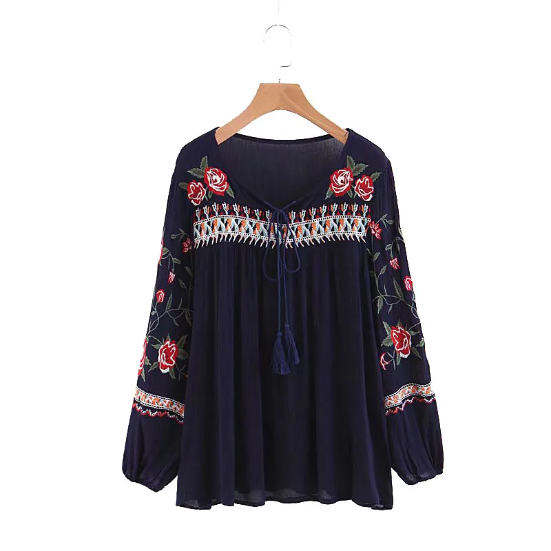 New Spring Autumn Fashion Ethnic V Neck Viscose Floral Embroidery Blouse Women Long Sleeve Pullover Shirts Blouses Tops