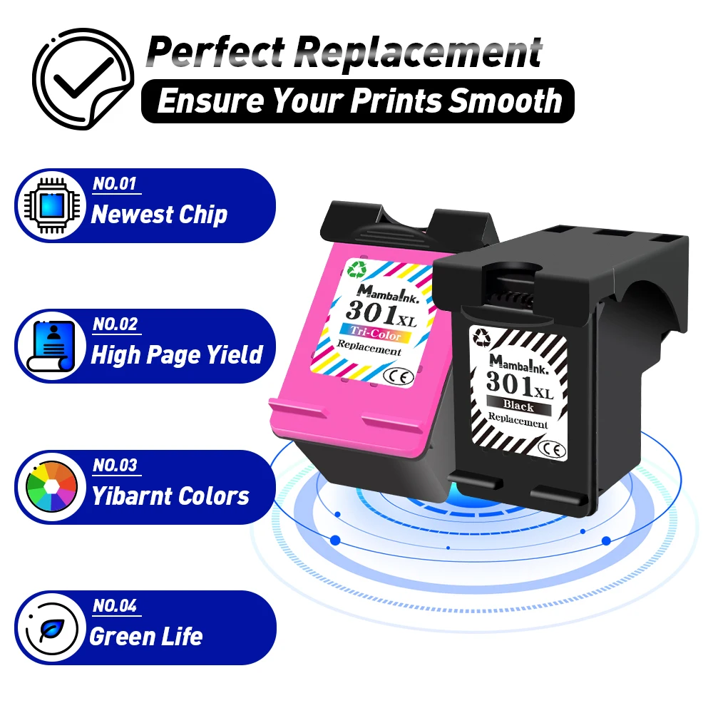 Mambaink Replacement For HP 301 HP301 XL Ink Cartridge 301XL Deskjet 1000 1010 1011 1012 Deskjet 3050 3054 3060 3510 Printer