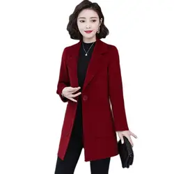 Fashion Women's Woolen Coats Spring Autumn 1 Button Pocket  Wool Suit Jacket Mid-Length Female Coat Outerwear Red Black Wine Red