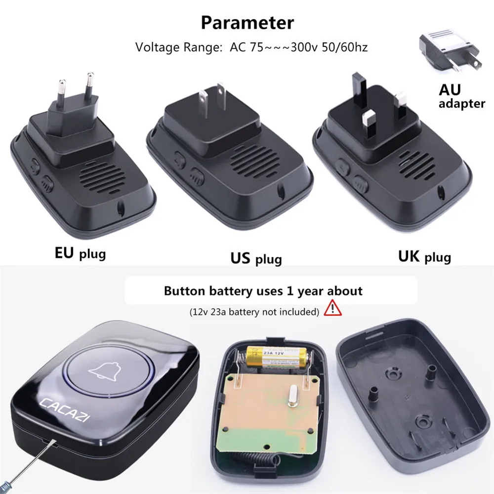 CACAZI 60 Chime 110DB 300M Wireless Doorbell Waterproof Remote EU AU UK US Plug Smart Door Bell Battery 1 Button 1 2 3 Receiver