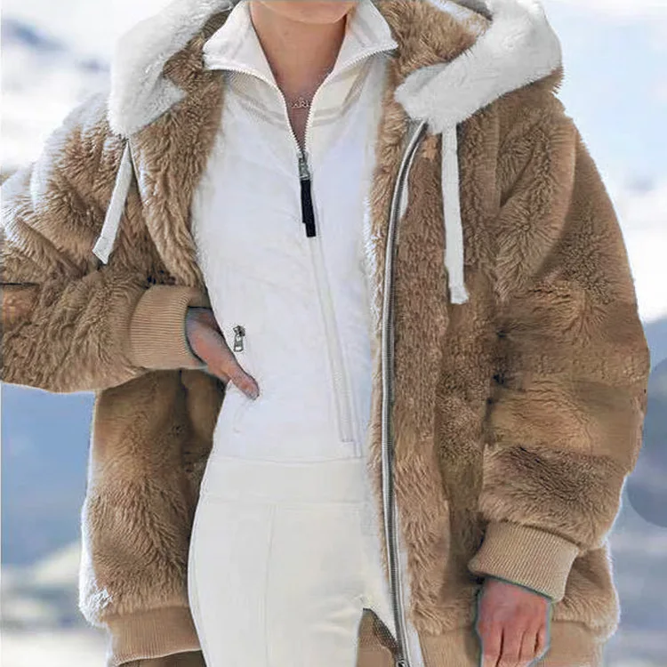 2022 herbst Winter Frauen Warme Jacke Mantel Mode Plüsch einfarbig Zipper Tasche Mit Kapuze Outwear Top Plus Größe S bis 5Xl