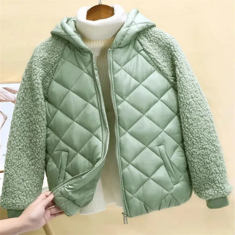 lambswool women's jacket short coat winter new hood loose lamb-like wool female cotton coat outwear Lightweight cotton-padded