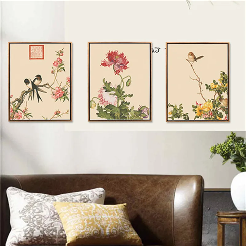 

Canvas Painting Animal Posters Chinese Traditional Flower and Bird Retro Plant Decorative Painting Wall Art Picture Home Decor