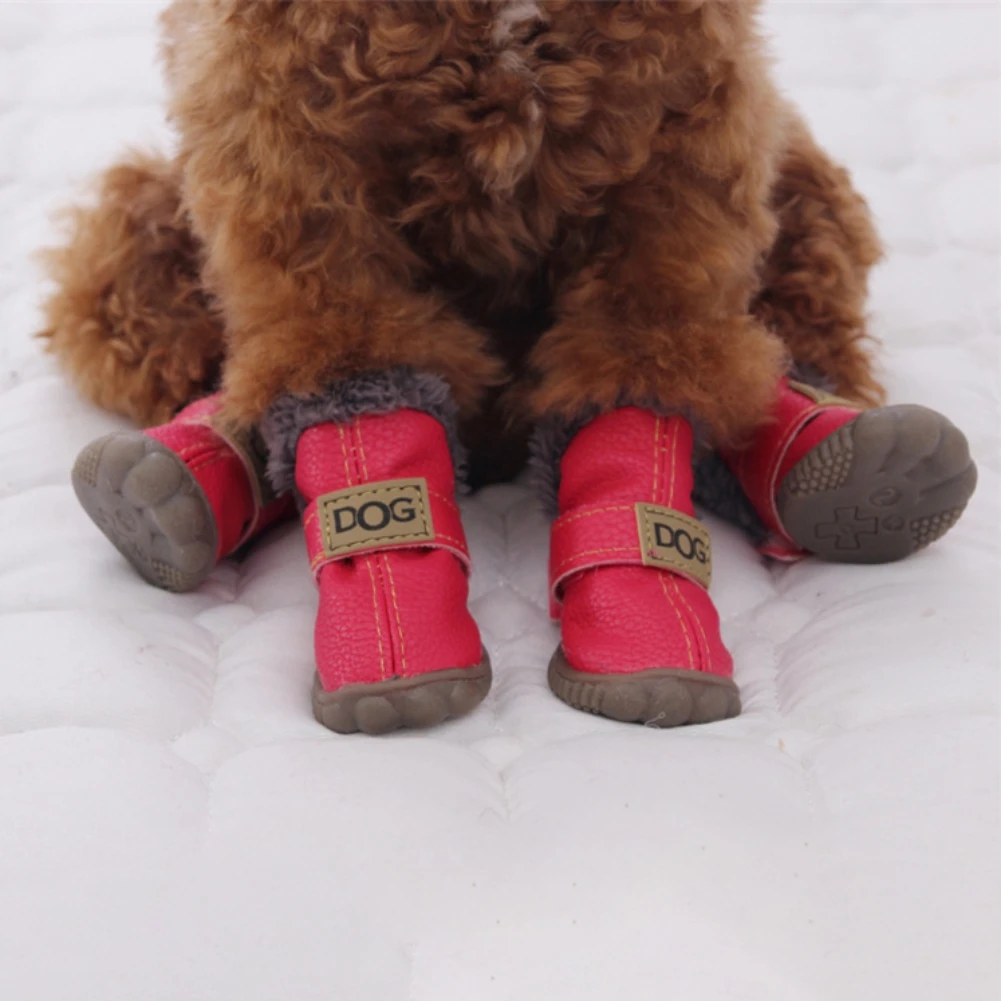 4 Pcs/set Winter Pet Dog Shoes for Small Dogs Cats Fleece Super Warm PU Dog Snow Boots Waterproof Puppy Chihuahua Teddy Shoes