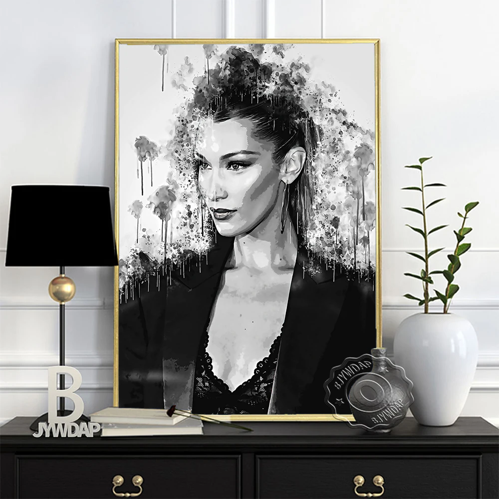 Bella Hadid Black White Art Poster, American Model Sexy Pretty Girl Watercolour Art Prints, Minimalism Figure Picture Home Decor