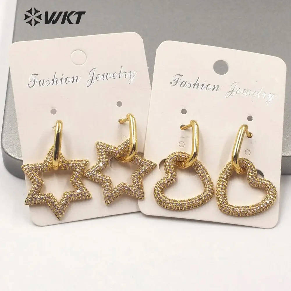 WT-ME074 Supper Hot Unique Shinning Cubic Zircon Earrings Gold Plated Star Heart Clasp Fashion CZ Trendy Decoration