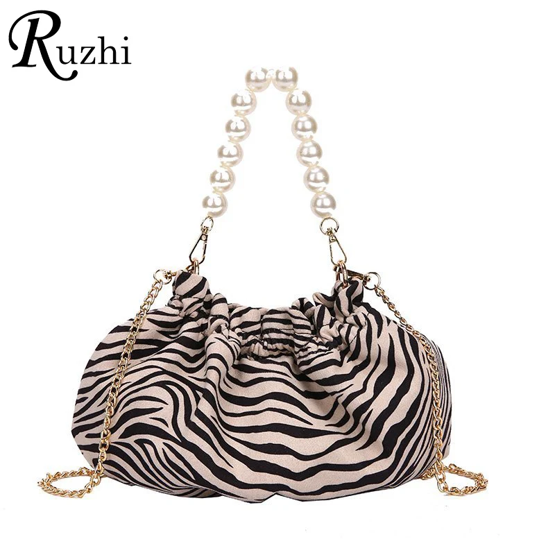 Elegant Tiger/Zebra/Leopard Print Small Tote Bags For Women 2021 Sexy Nightclub Handbag Pearl Chain Hobos Luxury Designer Bags