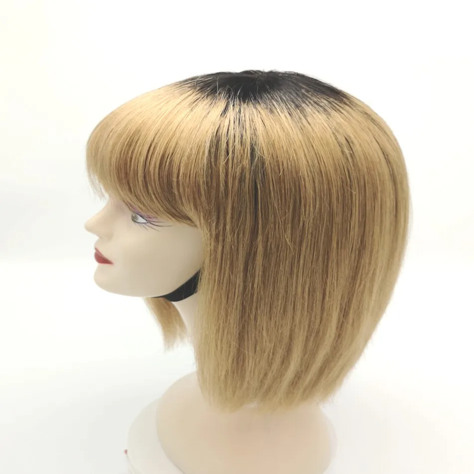 

Ombre Blonde Human Hair Wig with Bangs Strawberry Blonde Headband Wigs Natural Black Root 1B/27 Two Toned Wigs for Nice Women