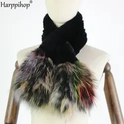 HARPPIHOP*Brand Real Rex Rabbit Fur Scarf Collar Knit Infinite Scarves Women type Fur Scarf Women Real Rabbit Fur fox fur Shawl