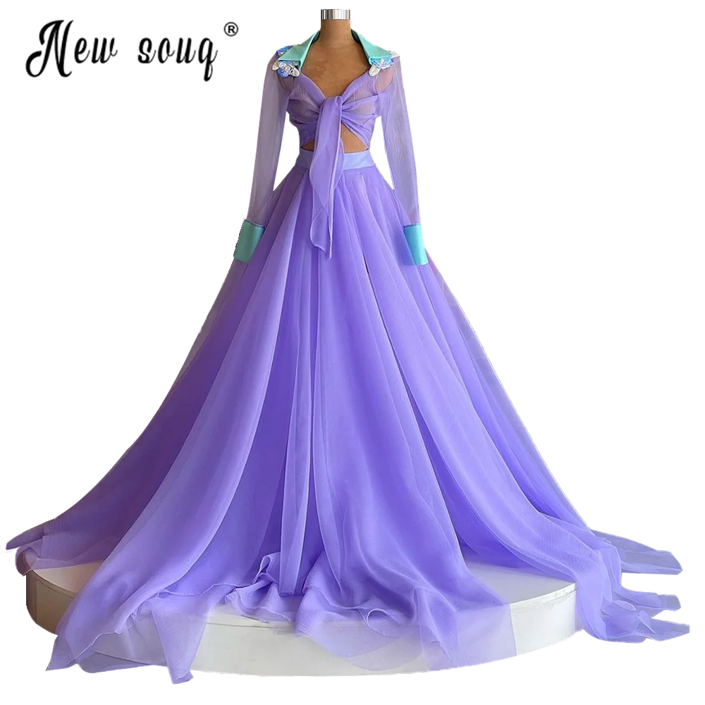 Lavender Purple Ball Gown Two Pieces Crystal Evening Dress Organza Long Sleeve Prom Gowns for Party Graduation Vestido de festa