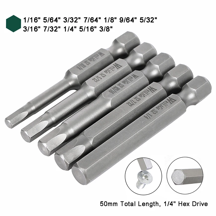 Magnetic Imperial Hex Screwdriver Bits Allen Wrench Drill Bits 50mm 1/16 5/64 3/32 7/64  1/8 9/64 5/32 3/16 7/32 1/4 5/16 3/8