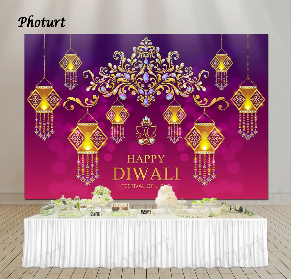 PHOTURT Happy Diwali Background Light Festival Decoration Photography Backdrop Patterned Crystal Banner Vinyl Decorate Props