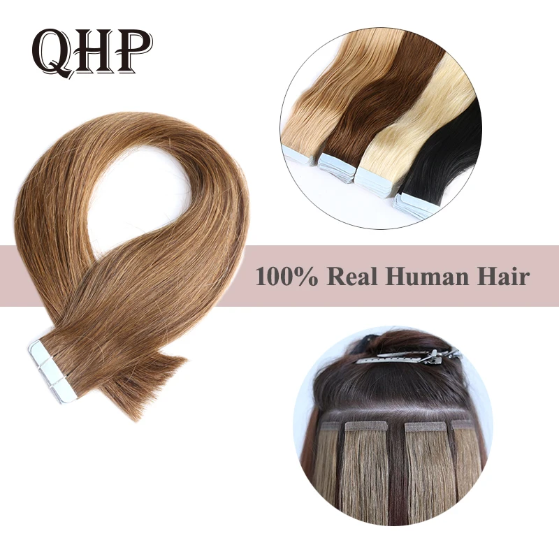 QHP Tape In Human Hair Extensions Straight Invisible Seamless Skin Natural Brazilan Remy Hair 12-24