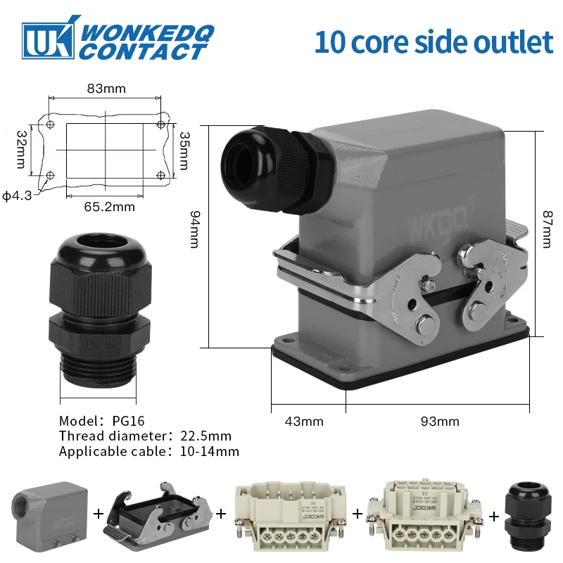 Heavy Duty Power Connectors HDC HE 10 Inserts 500V 16A Contact Screw Crimp Industrial Rectangular Hood Top/Side Entry HDC-HE-010