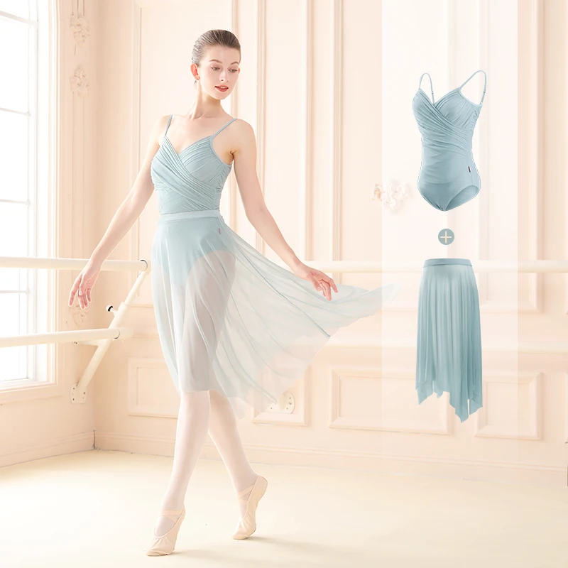 Kobiety trykot balet plisowana dekolt body nieregularne spódnica z siatki nastolatek szkolenia gimnastyka łyżwiarstwo baleriny Dancewear