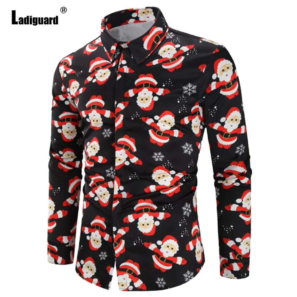 

Ladiguard New Casual Shirt blusas Mens Streetwear 2021 Single-breasted Top Long Sleeve Holiday Christmas Print Mens Blouse Homme