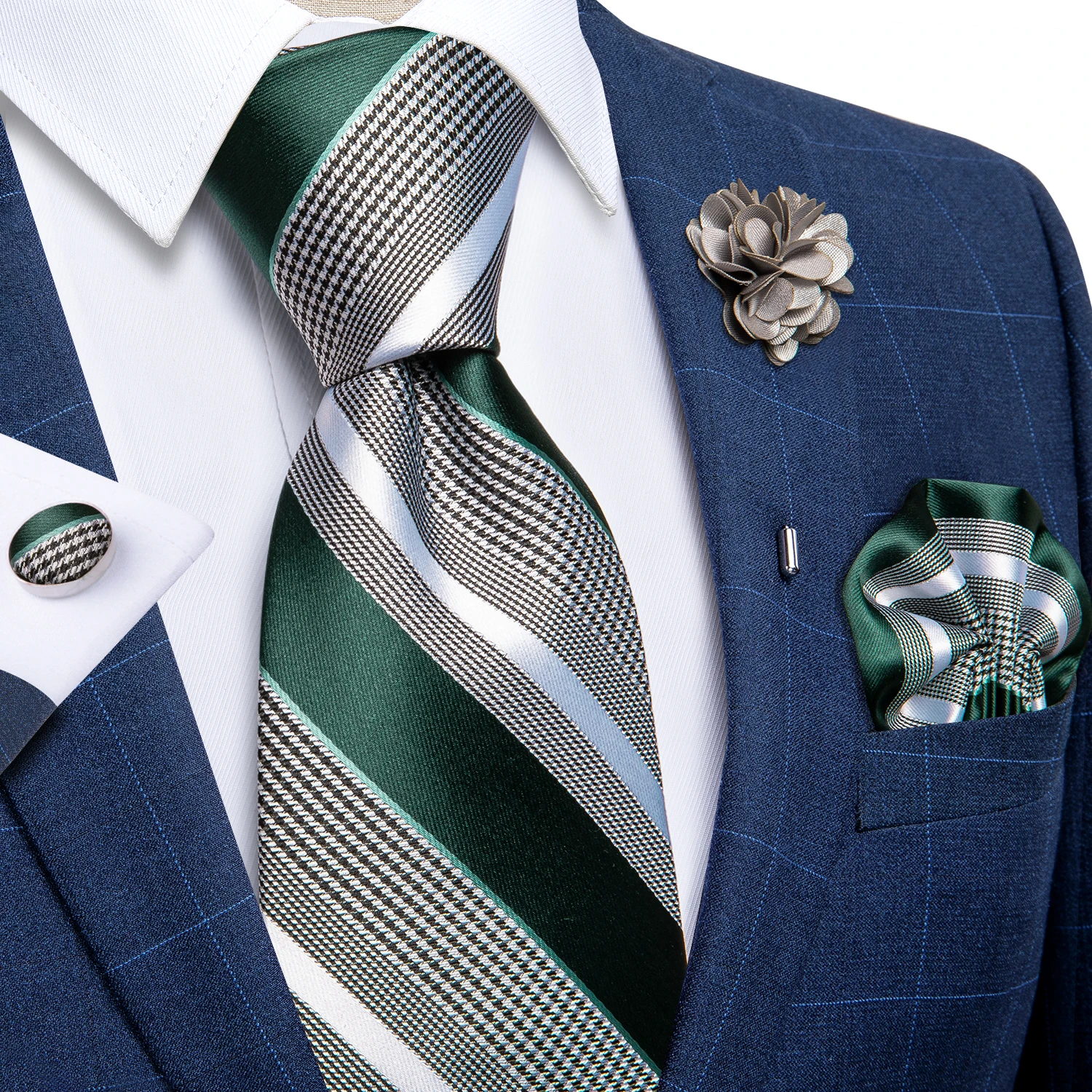 Blaue silberne Paisley-Krawatten für Herren, luxuriöses 8 cm breites Set mit Krawatte, Einstecktuch, Manschettenknöpfen, Brosche, Weihnachtsgeschenke für Männer – Detail 16