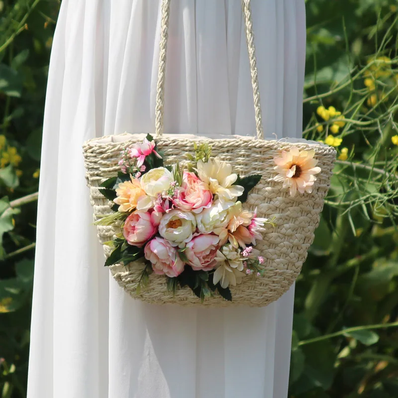 Blue Rose Bohemia Style Vacation Photograph Weave Rattan Top-handle Tote Handbag Women Fashion Hand-made Flower Straw Beach Bag