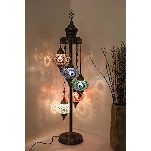 Mosaic 5 Globe Floor Lamps Handmade Unique English Moroccan Night Art Home Decor Light Lampshade Bedside Gift, 5 Bulbs Include