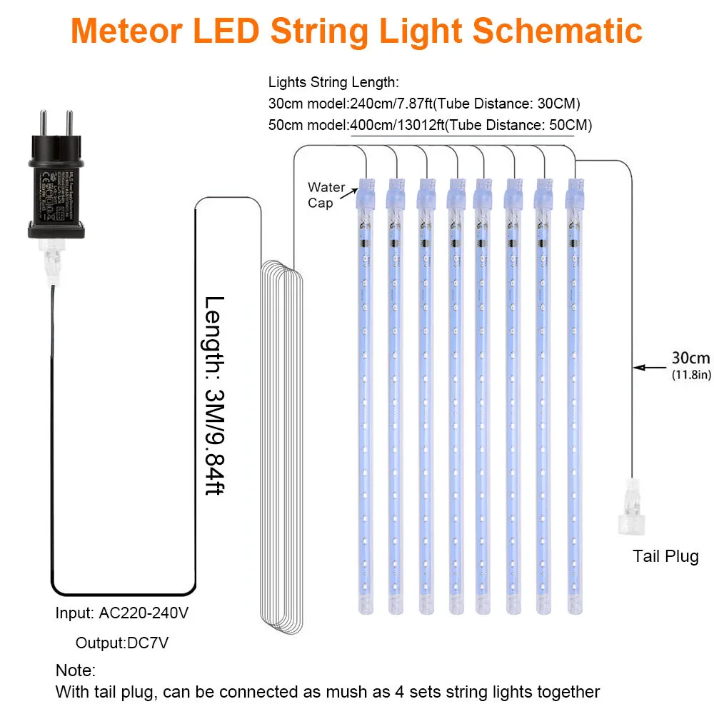 Rain Drop Lights 8 Tubes Icicle Snow Falling Fairy Light LED Meteor Shower Lights Holiday Party Decor Christmas Cascading Lights
