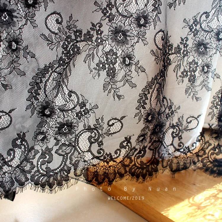 

3 yards Black Chantilly Fabric French Eyelash Lace Fabric Diy Exquisite Lace Embroidery Clothes Wedding Dress