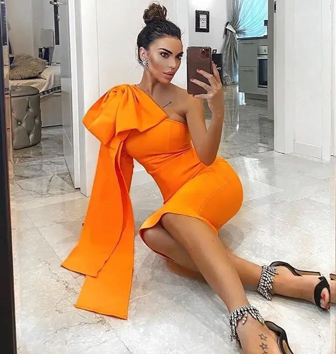 Fashion Bodycon Bandage Dress Sexy One Shoulder Big Bow Tie Long Sleeve Orange Designer Celebrity Evening Party Dress Vestido