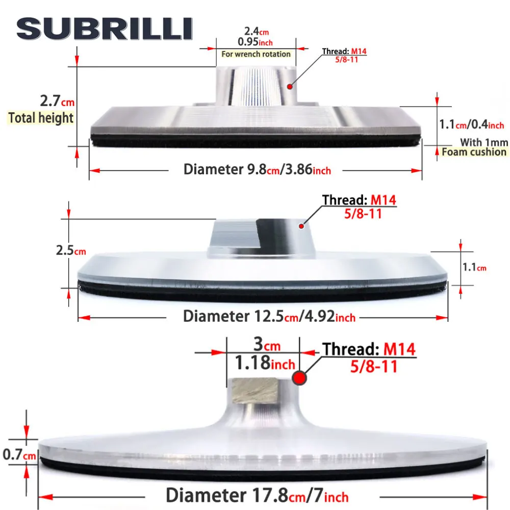 SUBRILLI 3/4/5/7 Inch Aluminum Based Backing Pad For Diamond Polishing Pad Hook & Loop Adapter Backer Holder M14 5/8-11 Thread