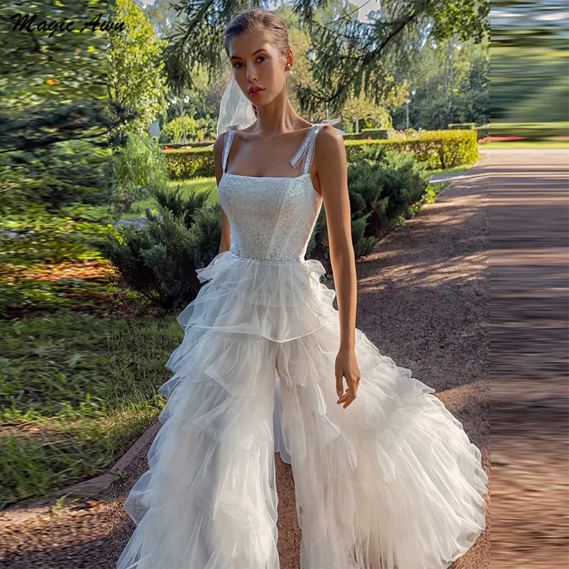 Magia Awn błyszczące cekiny 2021 suknie ślubne Boho paski Spaghetti Organza warstwowe ciasto Briadl suknie boczne rozcięcie Vestidos Boda