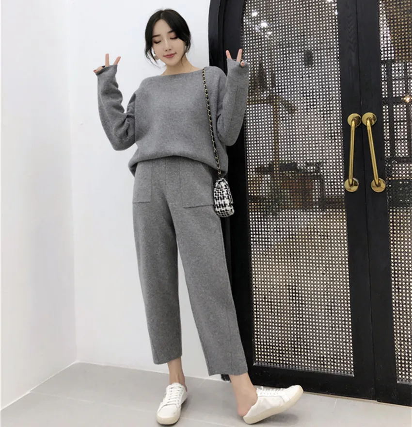 2024 New Autumn Winter Knitting 2 PCS Set For Women O Neck Thick Loose Sweater Tracksuits + Casual Ankle-Length Pants Warm Suits