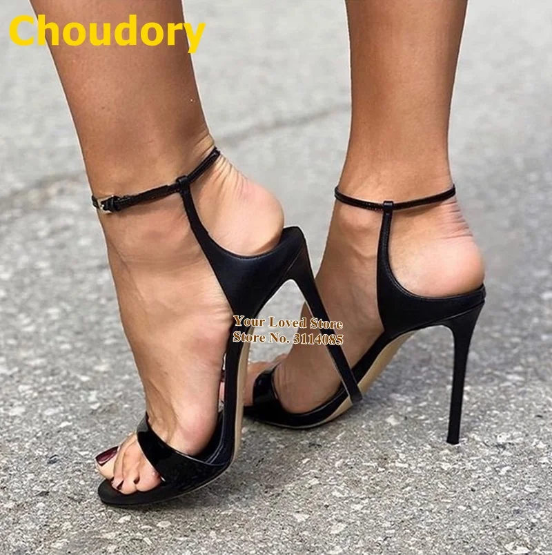 Choudory Black Matte Leather Strap High Heel Sandals Unique Design Exposed Heel Buckle Strap Summer Dress Shoes Size47 Dropship