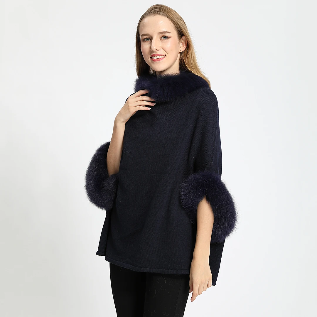 Autumn Women Knitted Poncho With Real Fox Fur Collar Cuff Fashion Casual Genuine Wool Warm Pullover Sweater Jumper Wholesale