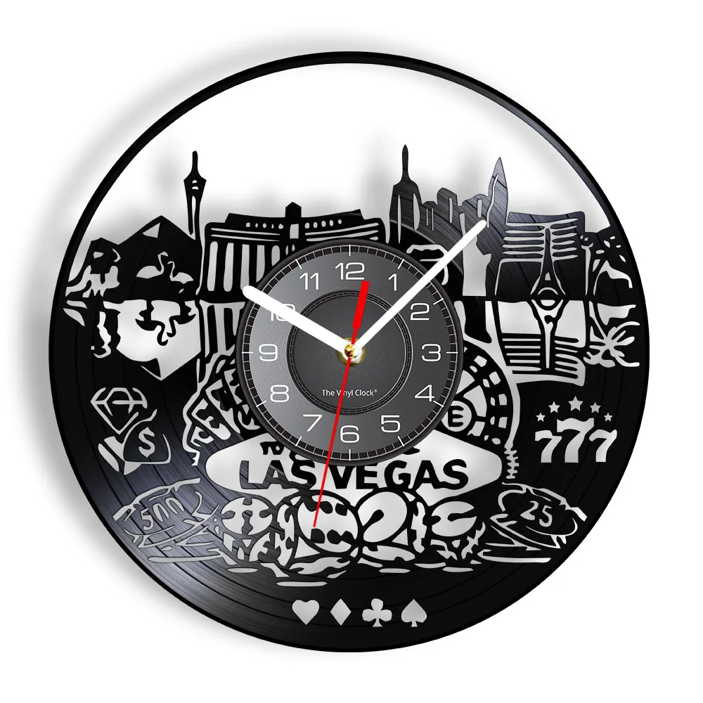 Las Vegas Landscape Vinyl Record Art Casino Wall Clock City Of Nevada USA Cityscape Home Office Gambling Decor Retro Watch