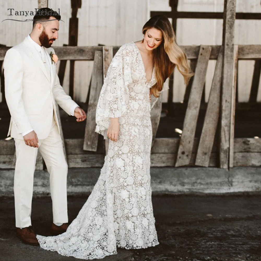 الدانتيل حورية البحر فساتين الزفاف العميق الخامس الرقبة فساتين زفاف أنيقة انفصال كيب الشمبانيا بطانة Noivas DW446