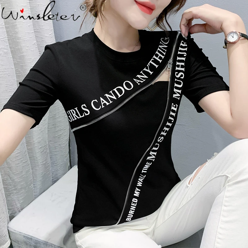 Summer Korean  Clothes Cotton T-Shirt Chic Sexy Hollow Out Print Letter Zipper Women Tops Short Sleeve Pullover Tees New T17311A