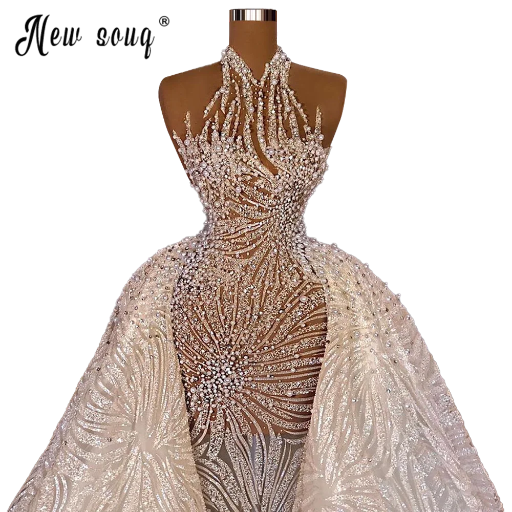 Robe de mariée sirène à col haut, robe de mariée princesse, appliques de luxe africaines, poignée amovible, train romantique, Dubaï