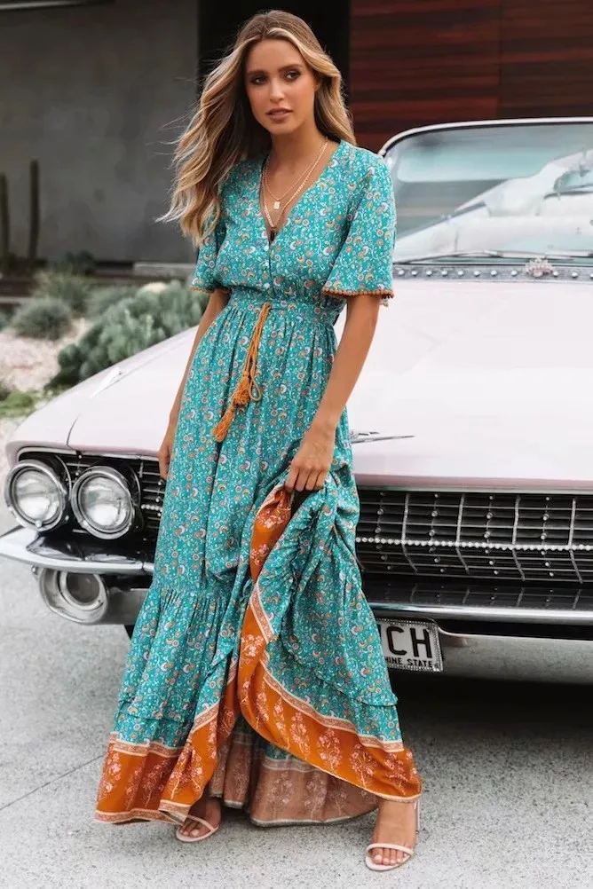 Boho Maxi Dress Women Retro Floral Print Short Sleeve V Neck High Waist Dresses  Female Summer Beach Long Dress Ladies Vestidos - AliExpress