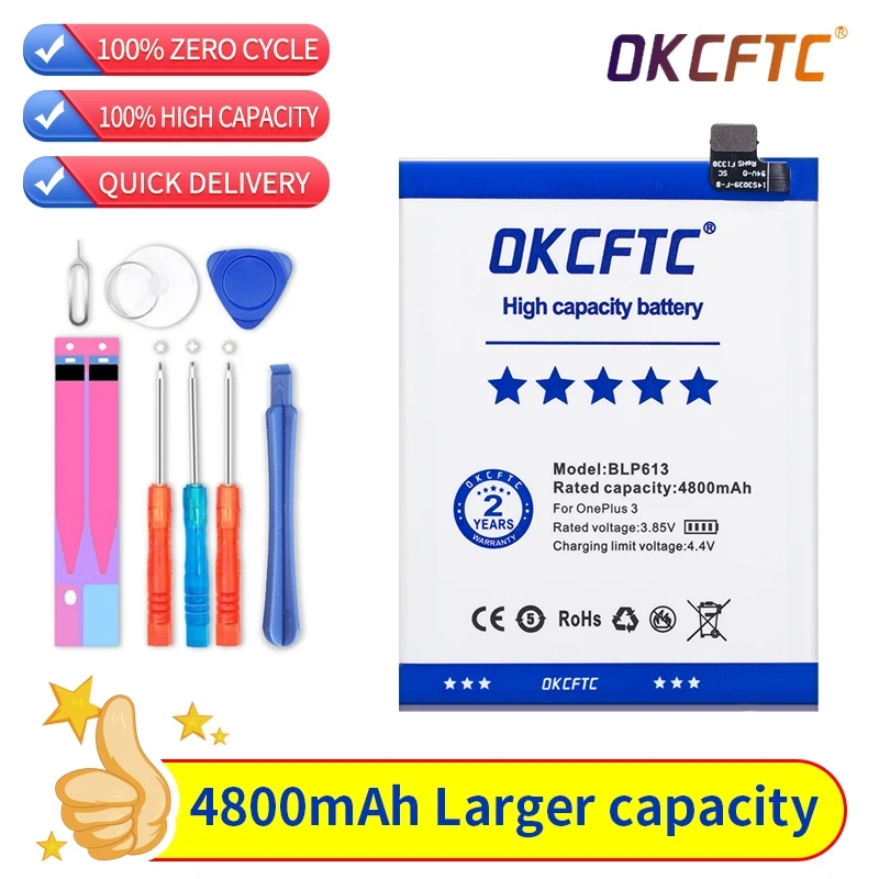 OKCFTC BLP613 Battery for OnePlus 3 One Plus 3 Three 4800mAh High Capacity Smartphone Replacement Batteries with Tools Gifts