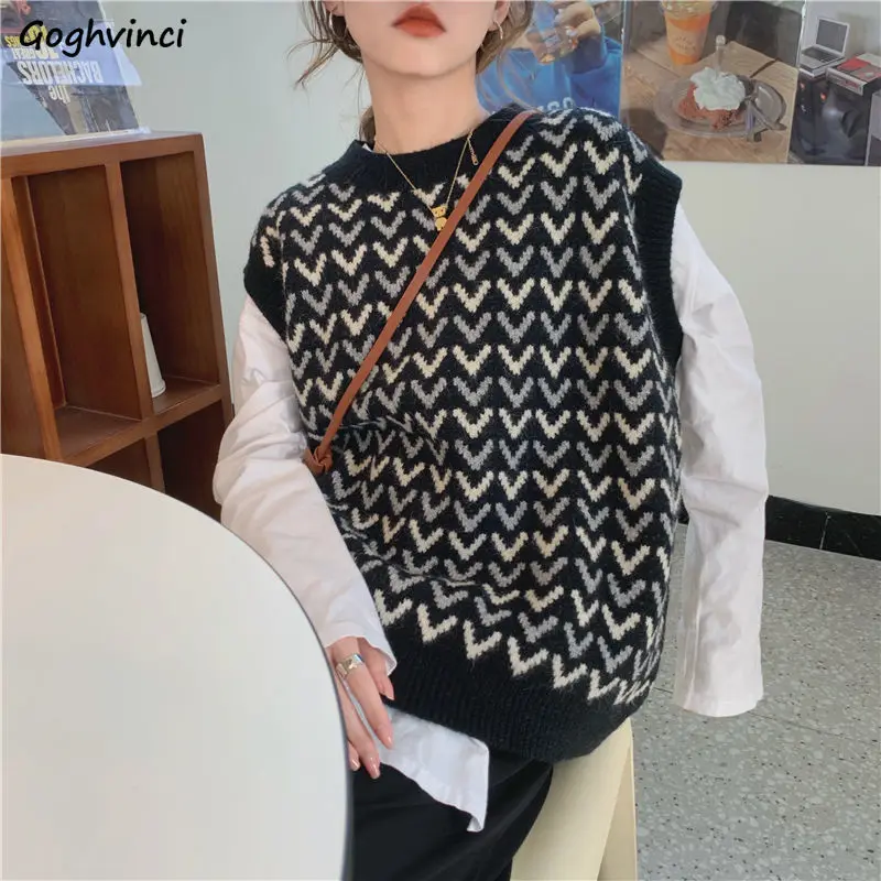 Sweater Vest Women Print Preppy Ulzzang O-neck Loose Autumn College Ladies Retro All-match Comfortable Fashion Teens Popular Ins